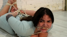 Naked BBW girl Natasha is hogtied on her bed