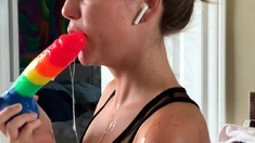 Kinky moist taco brunette anal toy play during masturbating
