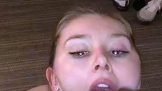 Busty blond with a perfect body takes on two big cocks