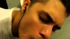 Boy sucking cock and eating cum in restroom